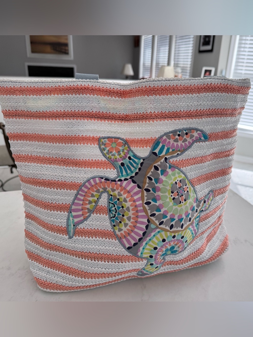 Coral & White Striped Cosmetic Bag with Colorful Turtle Applique